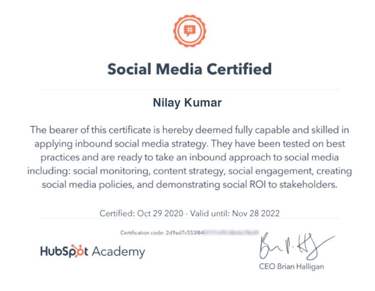 HubSpot Social Media Certificate